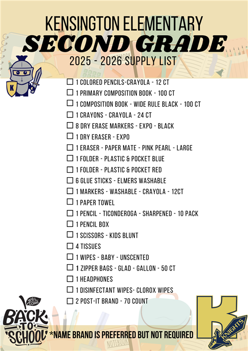 second grade supply list